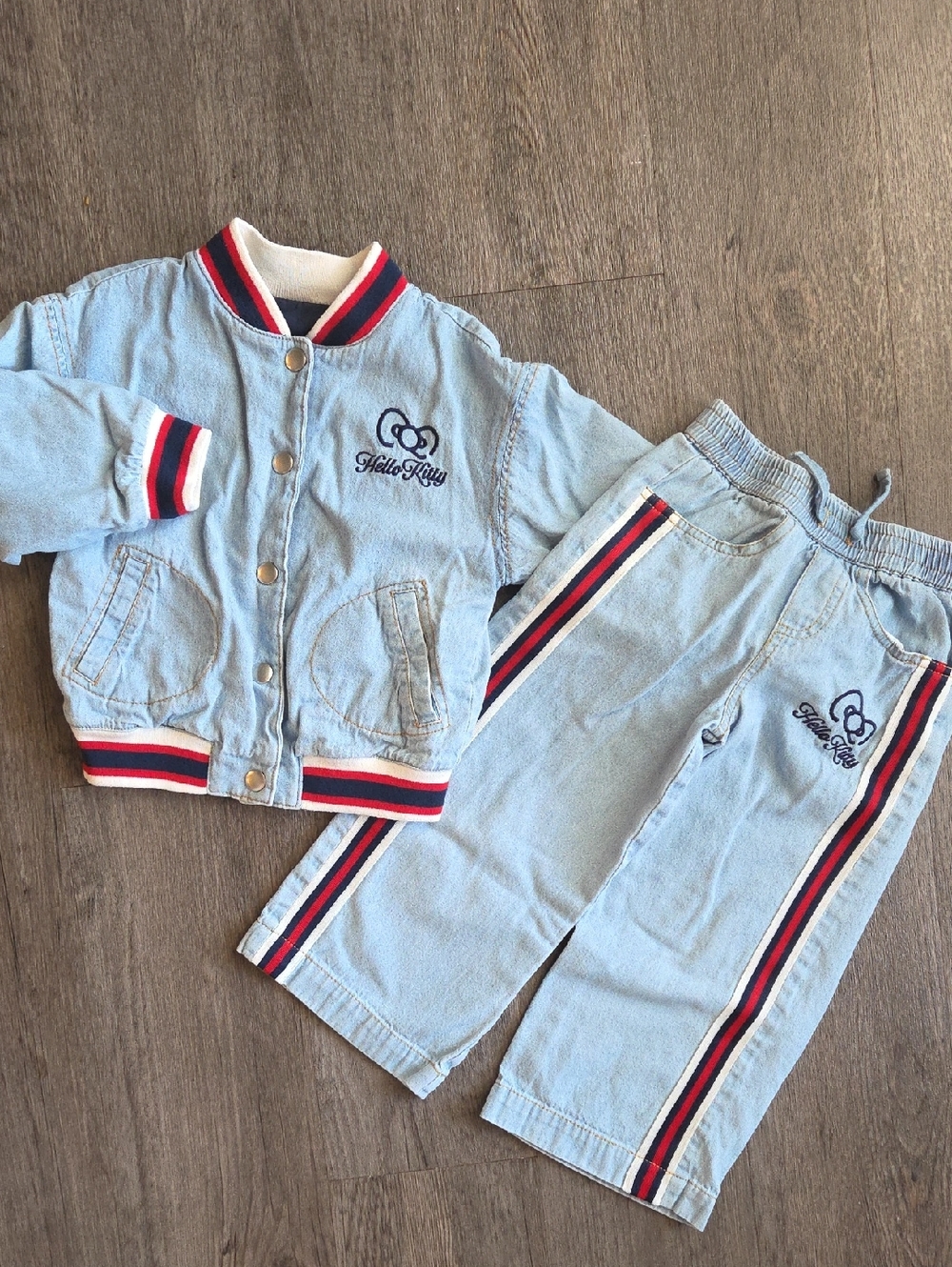 Hello Kitty • Light Blue Denim Jacket & Pants Set with Red-Striped Trim